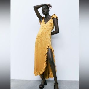 Zara Gold Jacquard Ruffle Dress Size M - Ref 4886/454